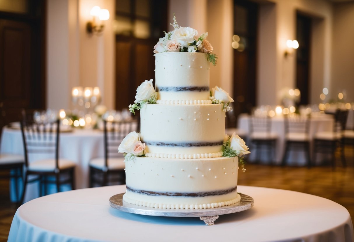 A tiered wedding cake with four layers, adorned with delicate flowers and intricate icing details, sits on a table at the center of a reception hall