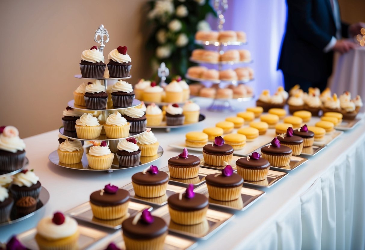 A table set with a variety of dessert options, including cupcakes, macarons, and mini tarts, displayed beautifully for a wedding reception