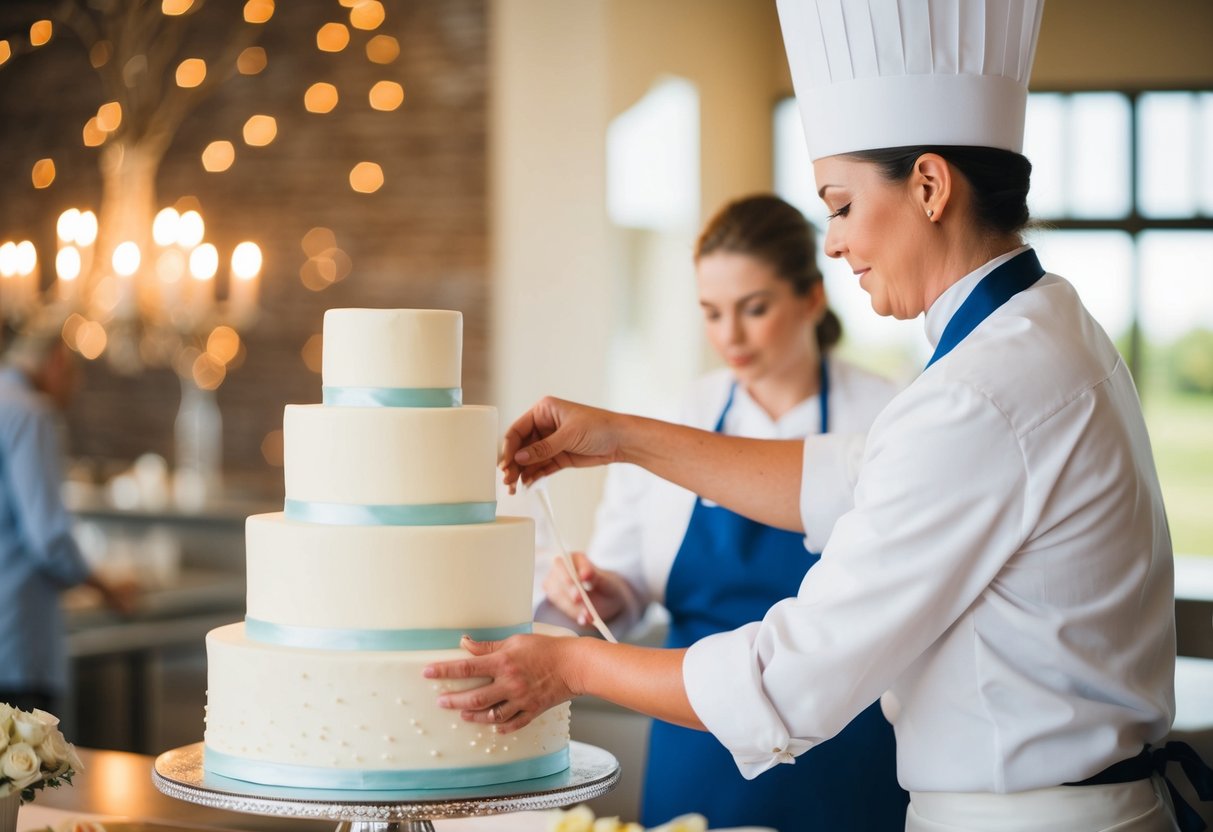 A baker measuring tiers for a wedding cake