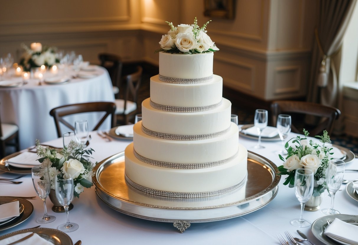 A tiered wedding cake on a silver serving tray, surrounded by elegant tableware and floral decorations