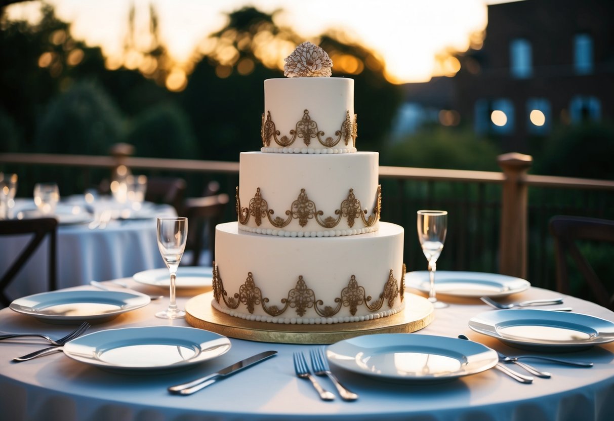 A tiered wedding cake with elegant decorations sits on a table, surrounded by empty dessert plates and utensils. The soft glow of evening light highlights the cake's intricate details