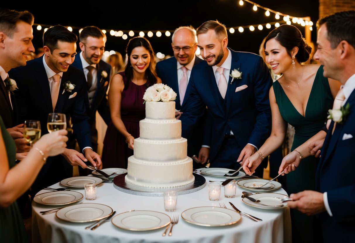 Evening guests gather around a tiered wedding cake, reaching for slices on elegant plates