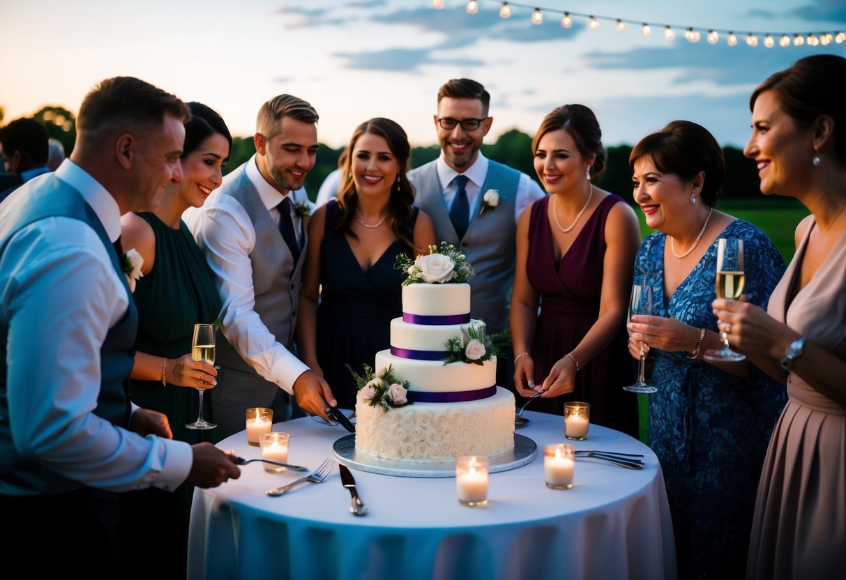 Evening guests gather around a beautifully decorated wedding cake, in line with the theme, as they eagerly await their slice