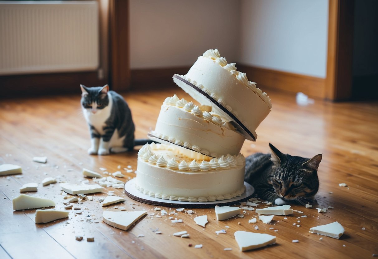 A toppled wedding cake on the floor, surrounded by shattered pieces and a distraught cat nearby