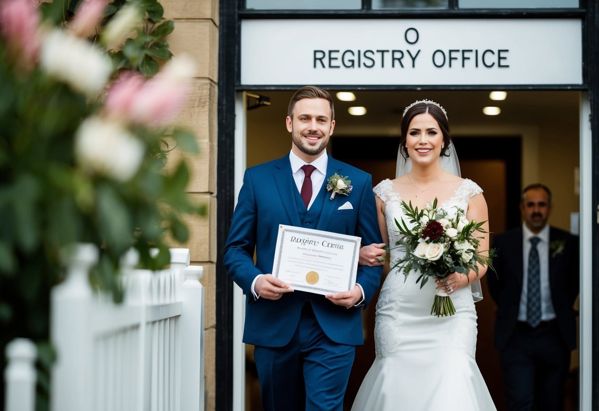 A couple exiting a registry office with a marriage certificate in hand