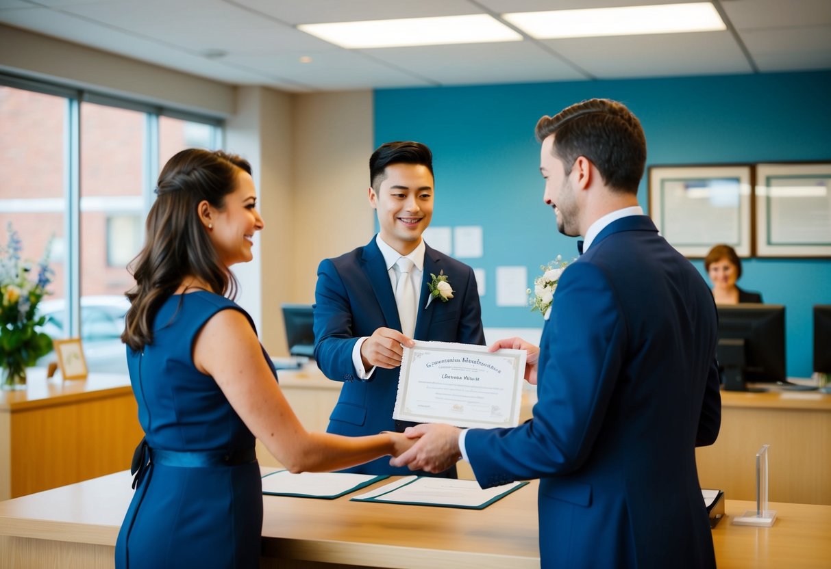 A couple standing at a registry office counter, receiving a marriage certificate from a clerk