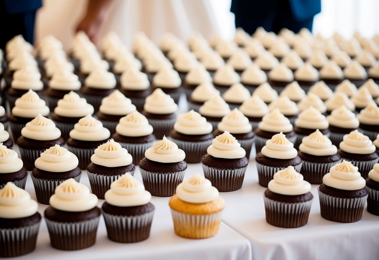 A table filled with rows of neatly arranged cupcakes, enough to feed 100 people at a wedding