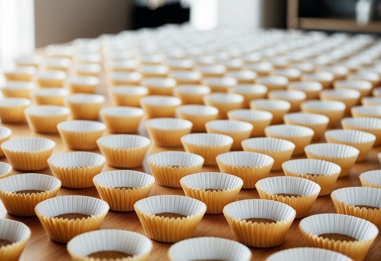 A table with 100 empty cupcake wrappers arranged in neat rows, ready to be filled with delicious frosting and toppings