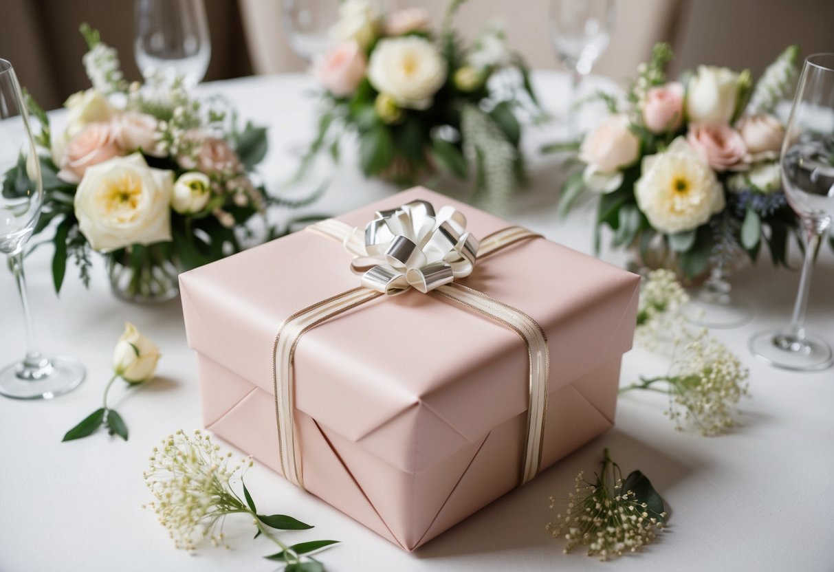 A beautifully wrapped gift sits on a table, surrounded by delicate flowers and elegant decorations, ready to be presented at the wedding