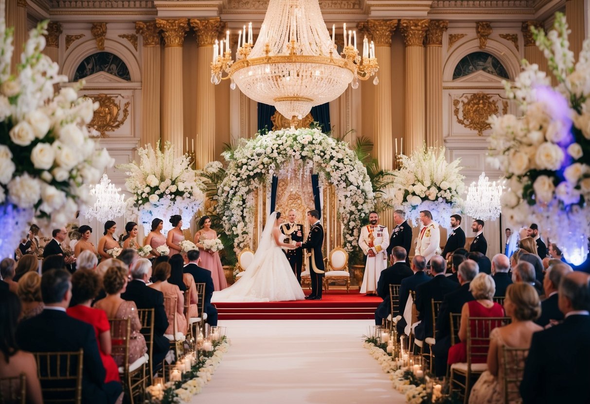 A grand royal wedding ceremony with opulent decorations and a lavish reception