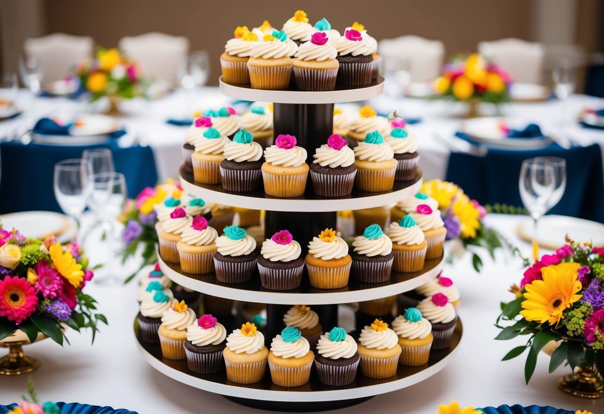 A display of 100 beautifully decorated cupcakes arranged on a tiered stand, surrounded by colorful floral decorations and elegant table settings
