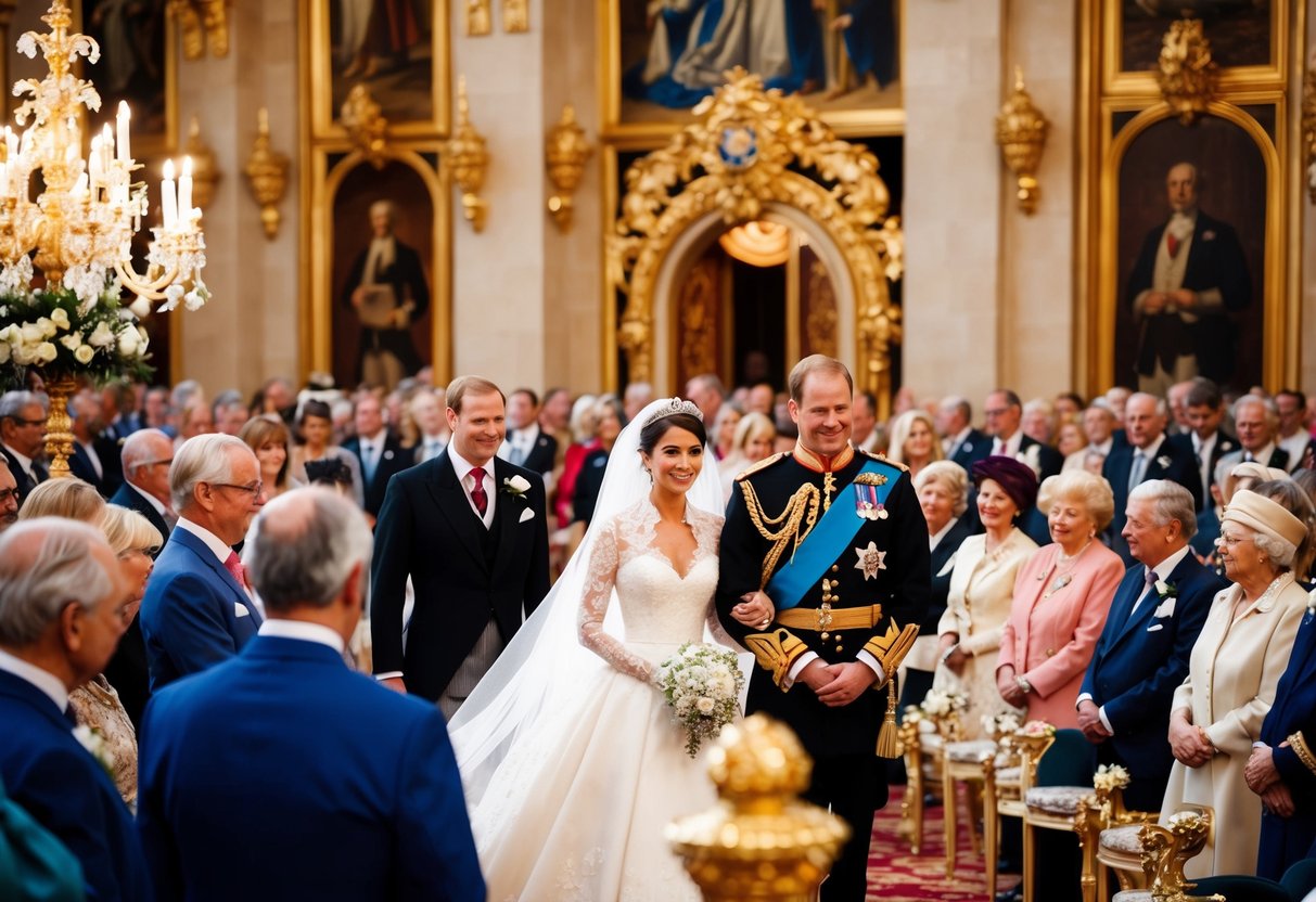 A grand royal wedding ceremony with opulent decorations and a crowd of onlookers