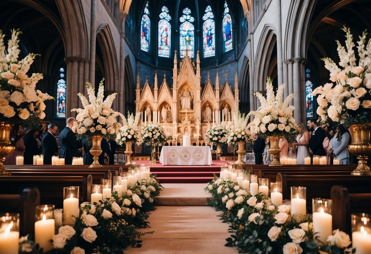 A grand cathedral adorned with flowers, candles, and elegant decor for a royal wedding ceremony