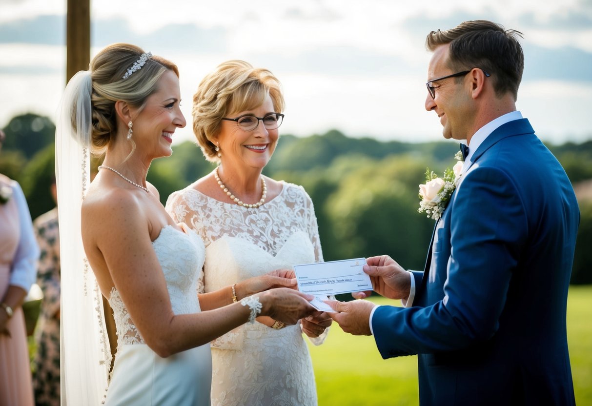 The mother of the bride presents a check to the newlyweds as a wedding gift