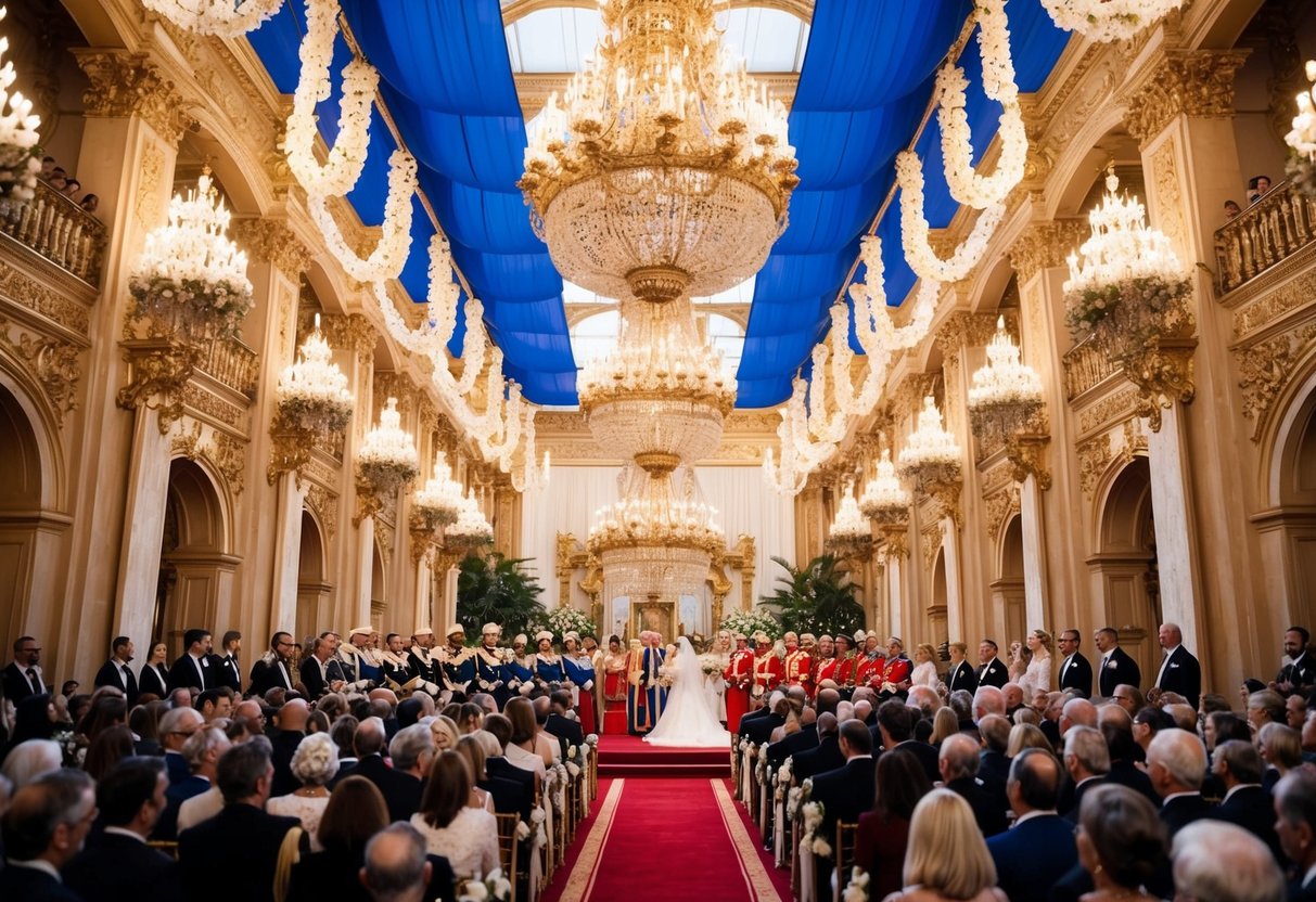 A grand royal wedding ceremony with opulent decorations and a large crowd of onlookers