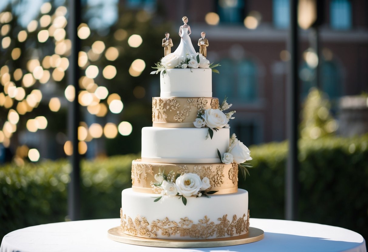 Three tiered wedding cakes in white and gold, adorned with intricate floral designs and topped with elegant figurines