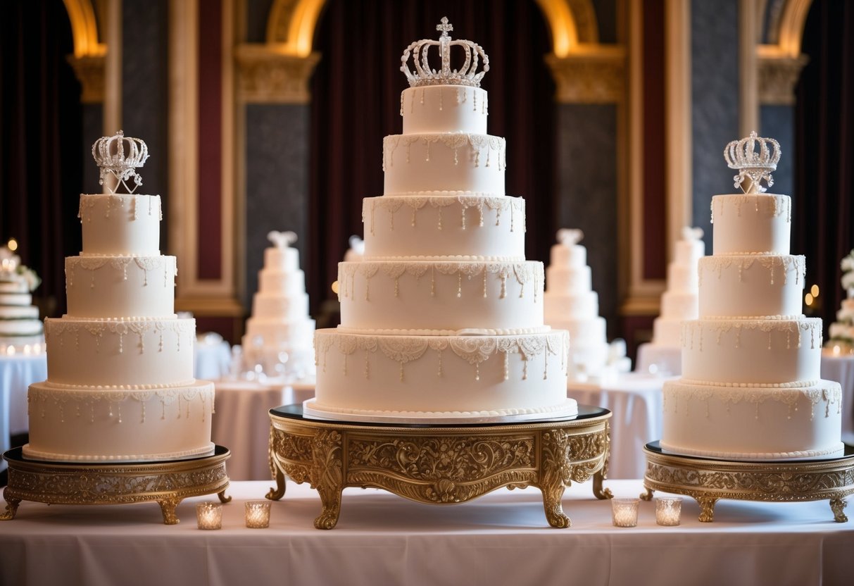 A grand royal wedding banquet with multiple towering wedding cakes on display