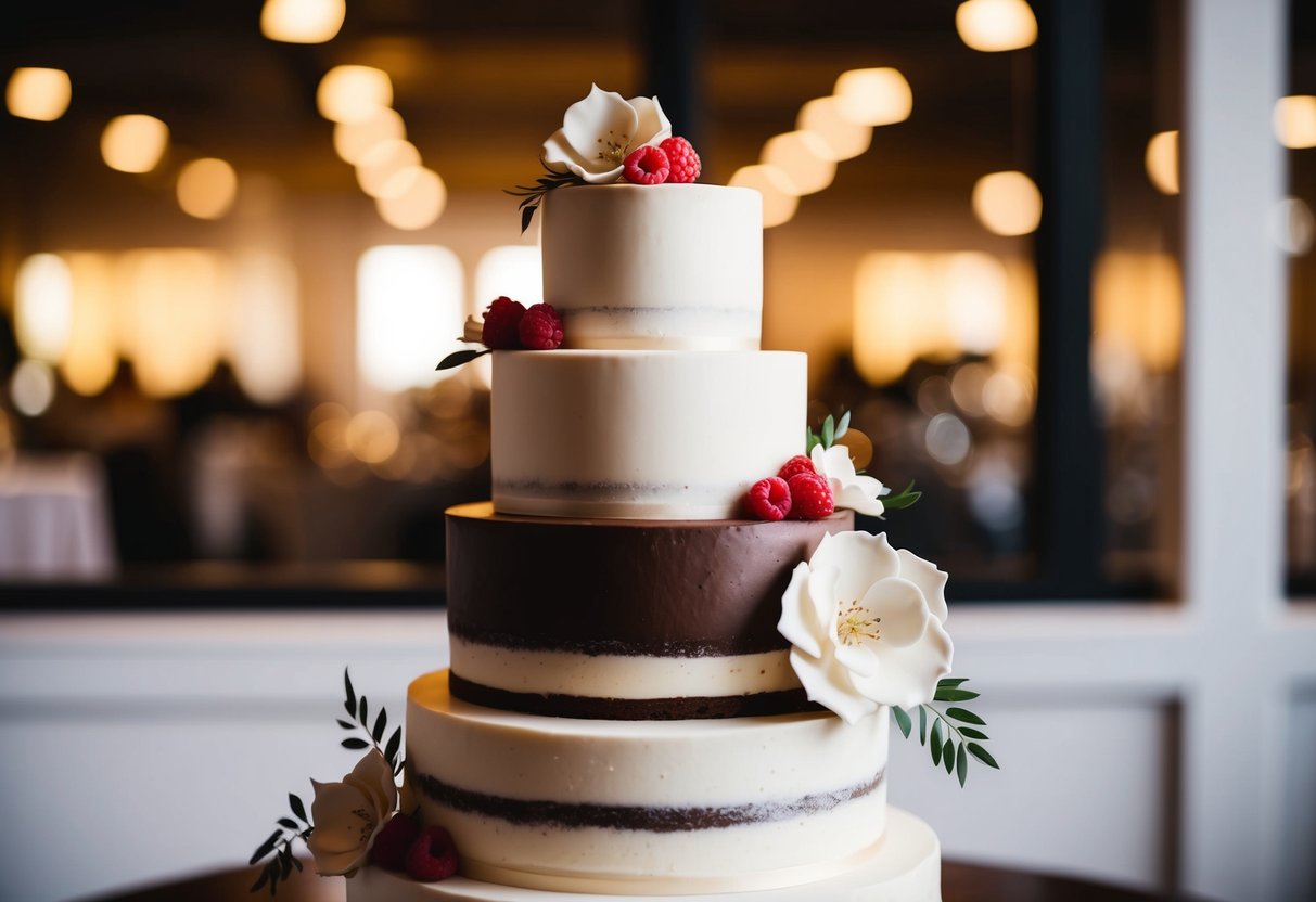 A tiered wedding cake with layers of rich chocolate, velvety vanilla, and luscious raspberry flavors, adorned with delicate fondant flowers and elegant piping details