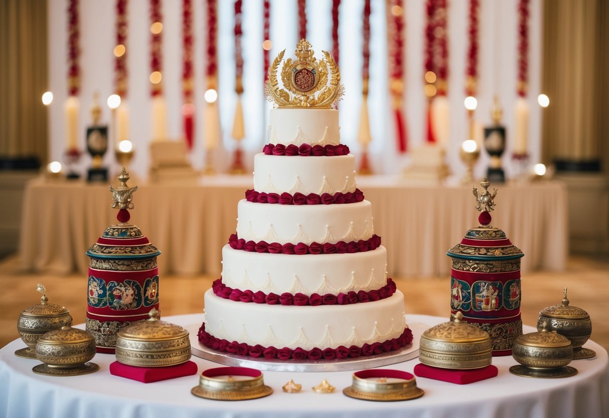 A grand wedding cake surrounded by traditional ceremonial artifacts
