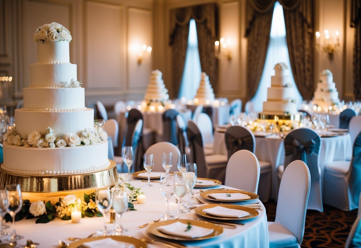 A grand wedding banquet with multiple tiered cakes and elegant decorations