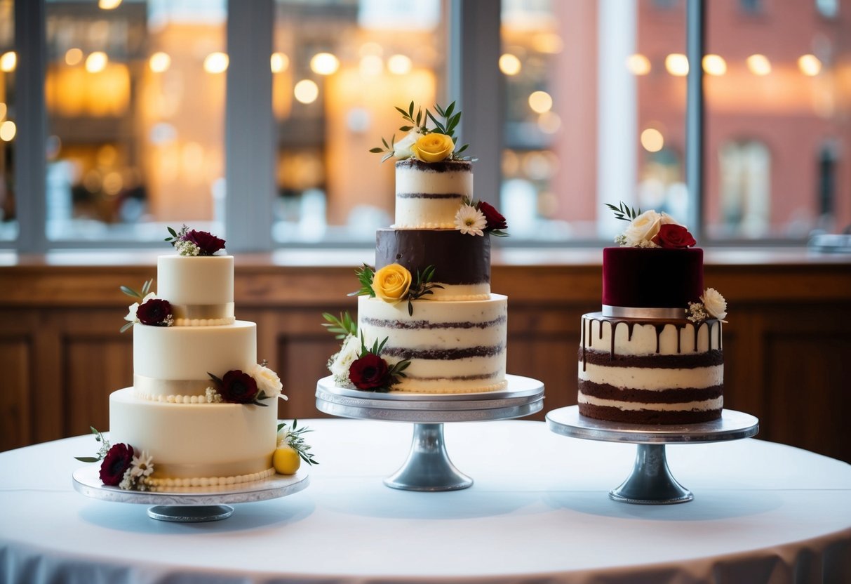 A table displays various wedding cake flavors: vanilla, chocolate, red velvet, and lemon. Decorative frosting and flowers adorn each tier