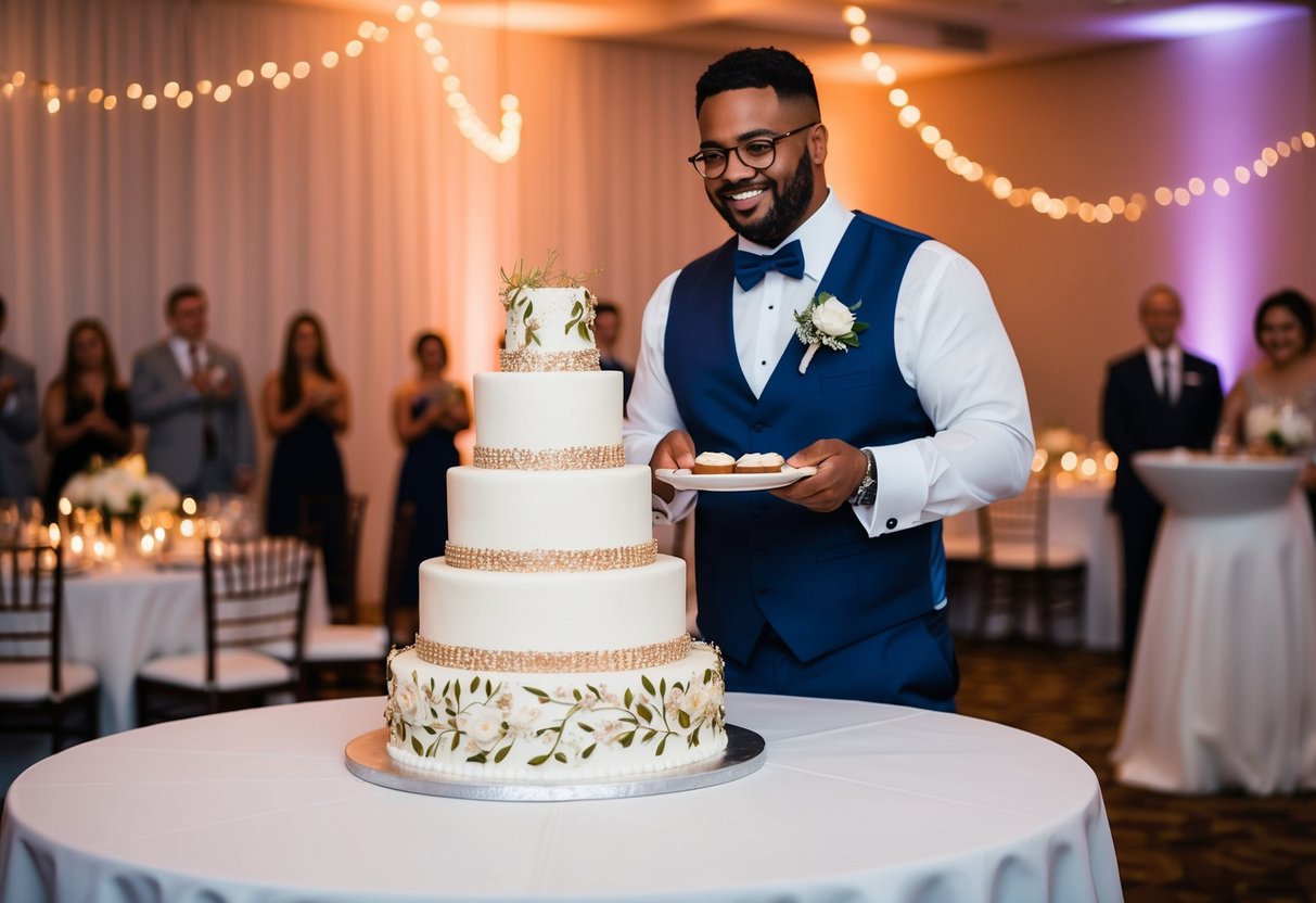 The best man presents a beautifully decorated wedding cake at the reception