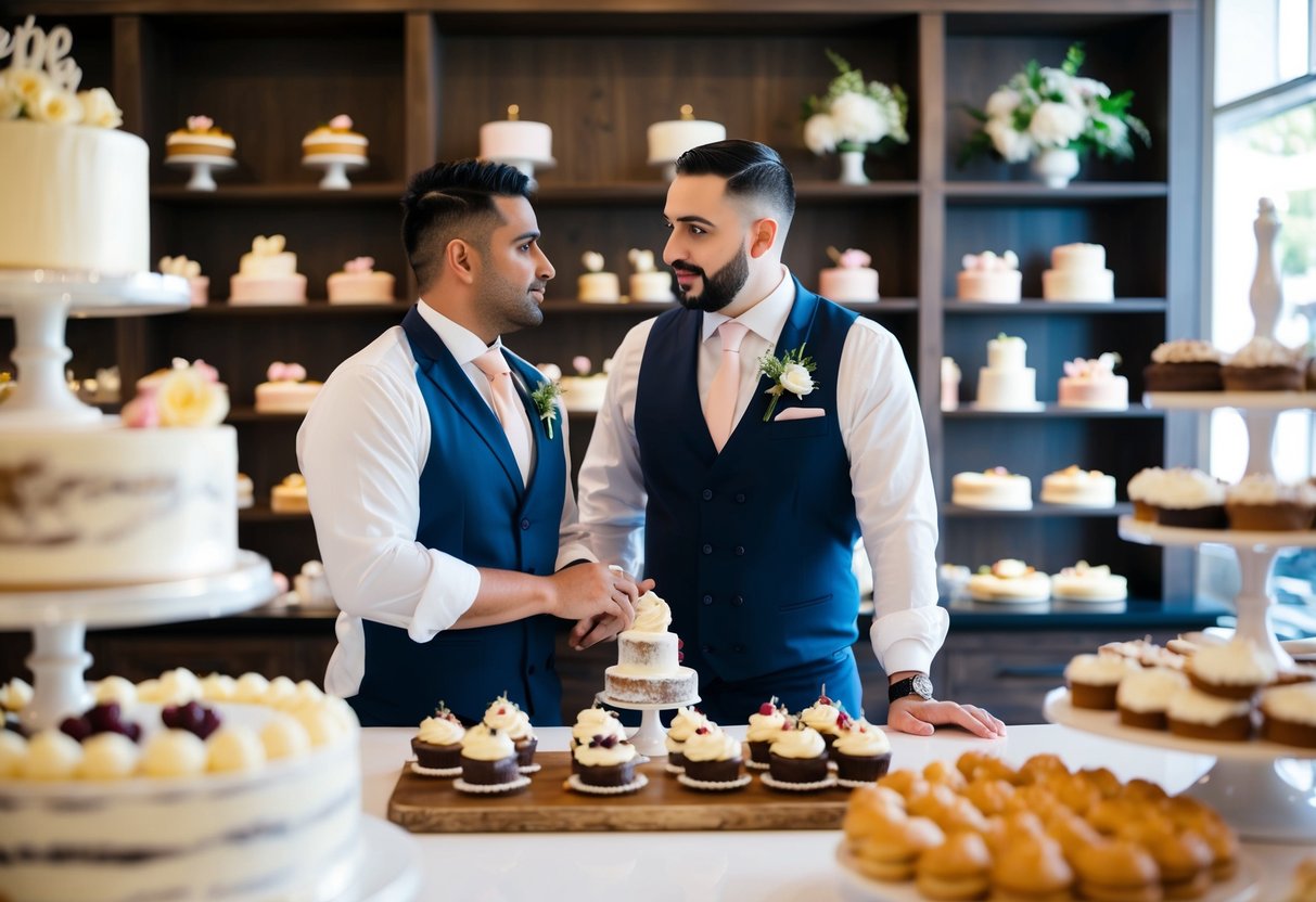 The best man stands at a bakery counter, discussing wedding cake options with the baker. A display of elegant cakes and pastries fills the background