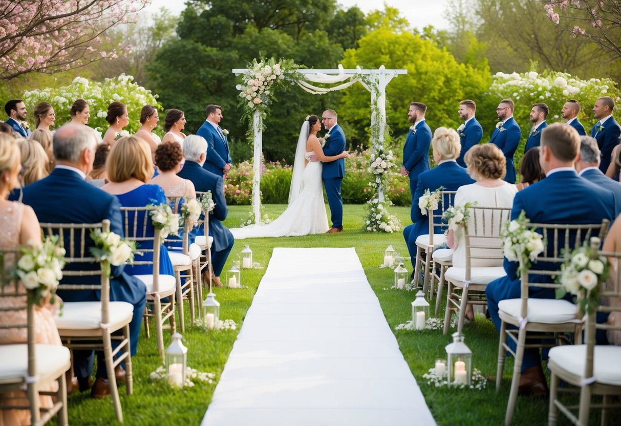 A serene outdoor wedding ceremony in a blooming garden with a decorated arch and rows of chairs for guests