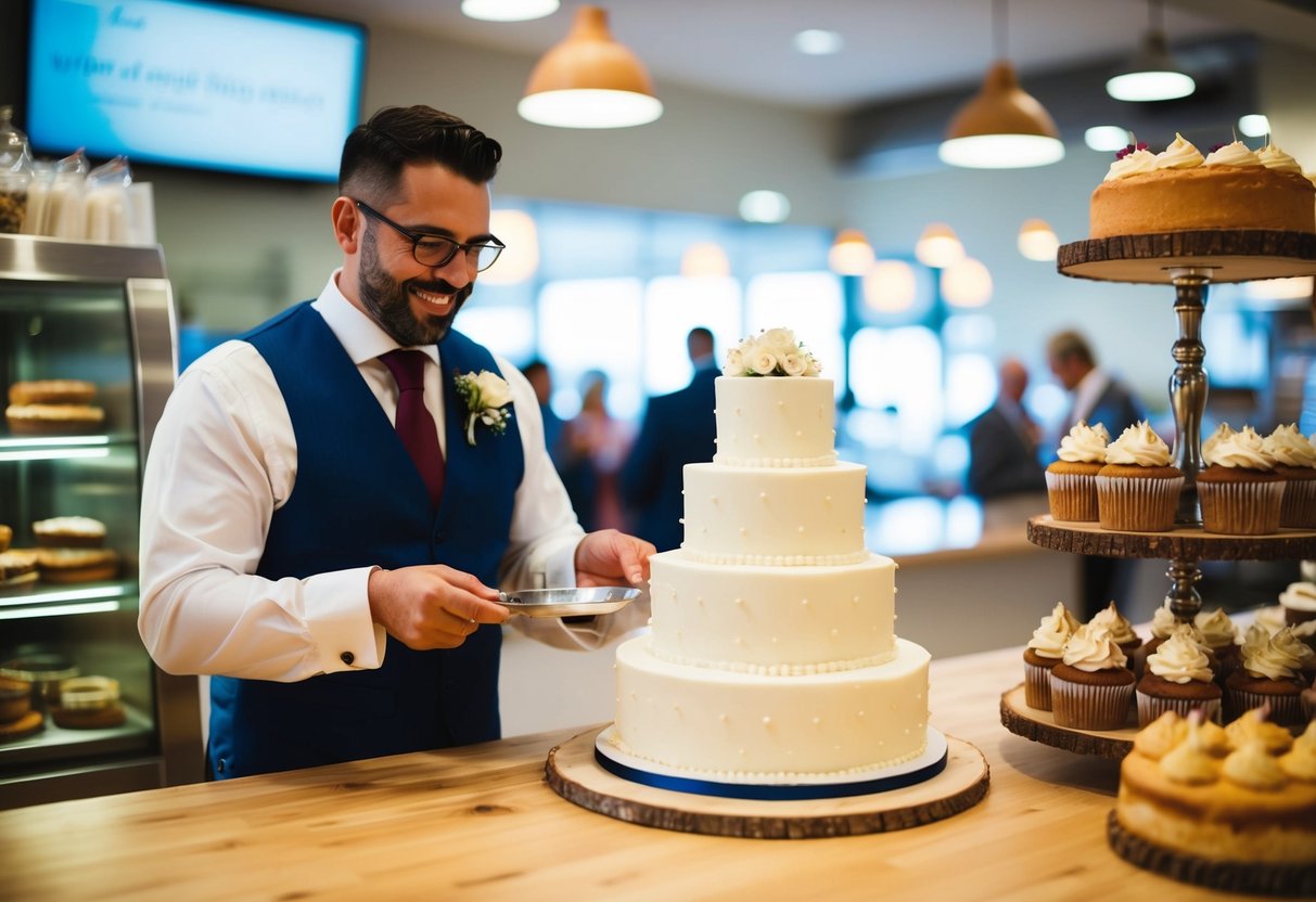 The best man purchases a wedding cake from a bakery