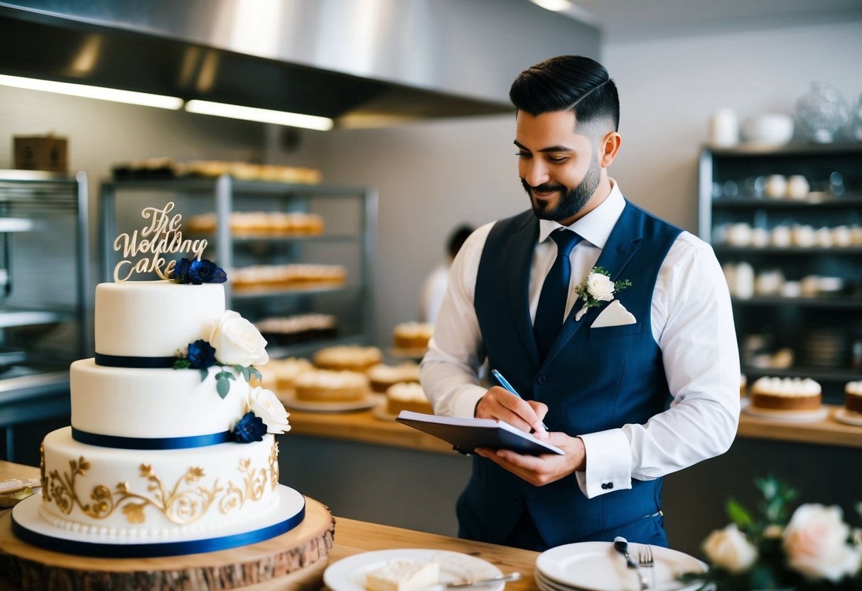 The best man in a sharp suit stands in a bakery, examining a beautifully decorated wedding cake. He holds a notebook and pen, ready to place an order