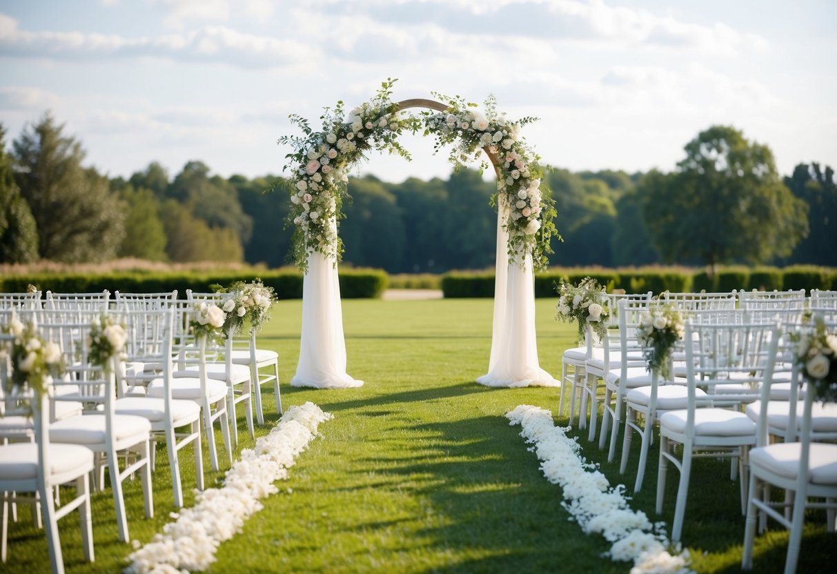 A serene outdoor wedding ceremony with a beautiful arch, floral decorations, and rows of chairs for guests