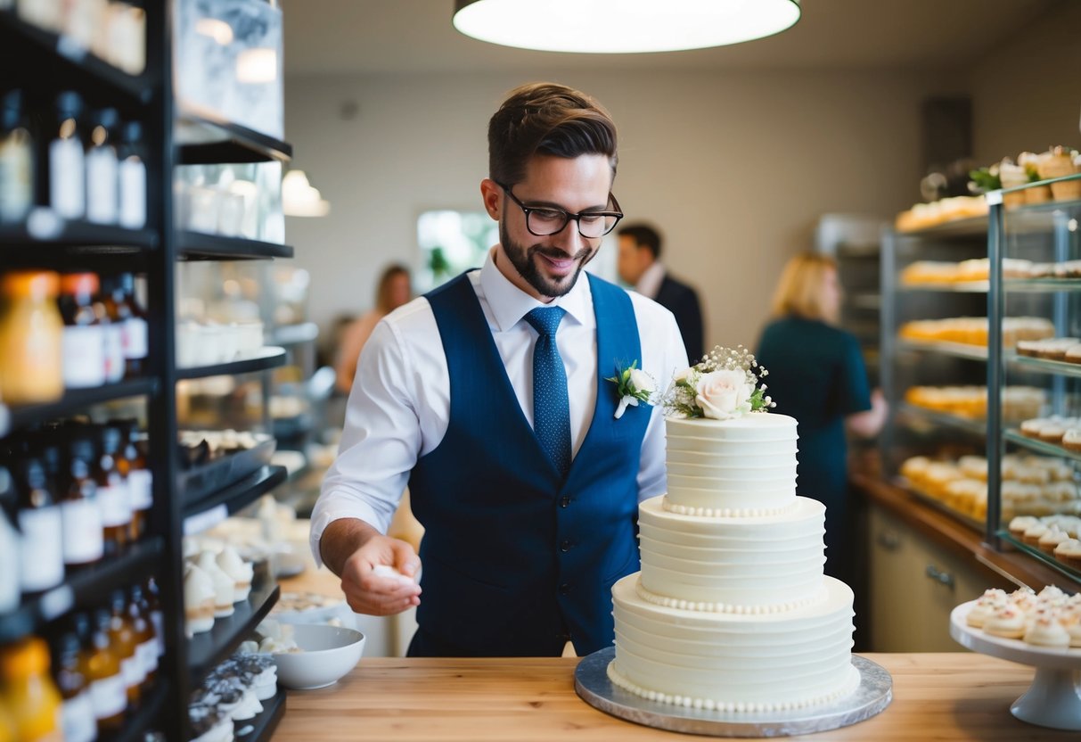 The best man purchases a wedding cake from a bakery