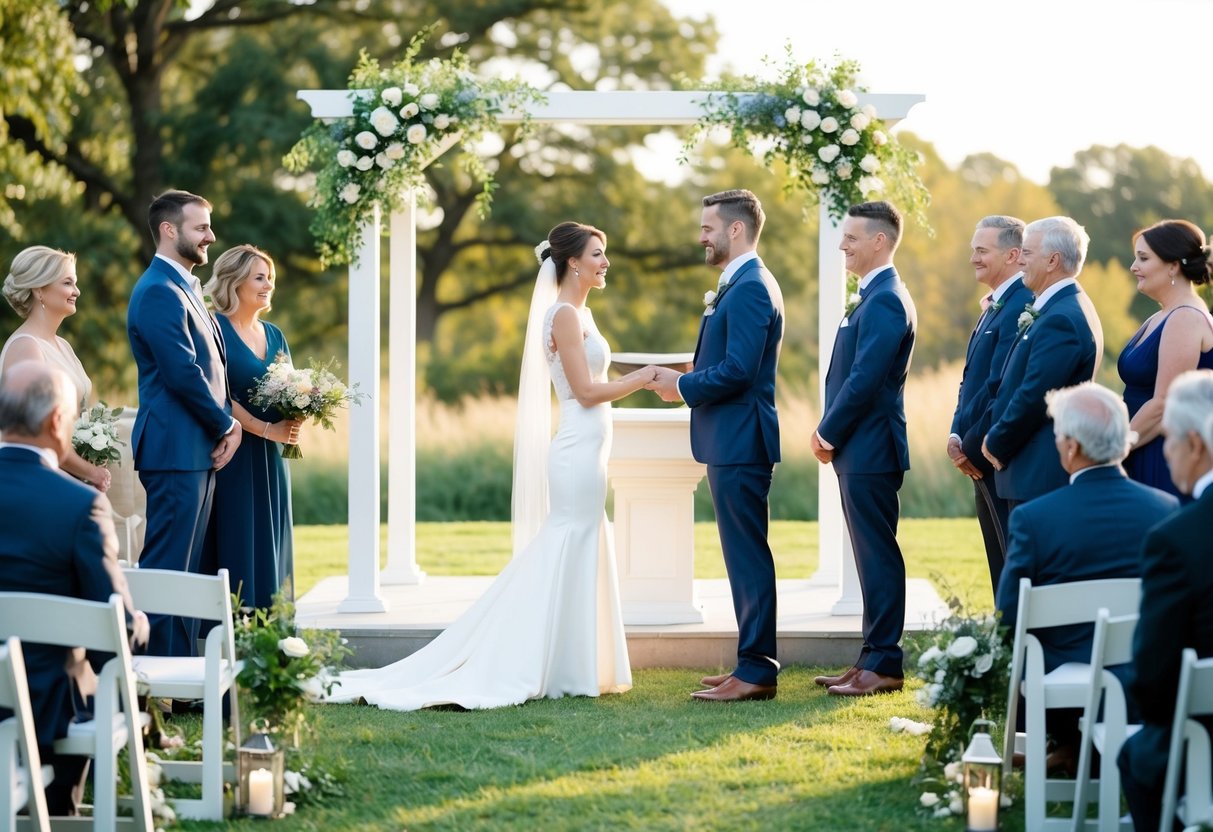 A couple standing at a simple altar in a beautiful outdoor setting, surrounded by close family and friends, exchanging vows during a wedding ceremony