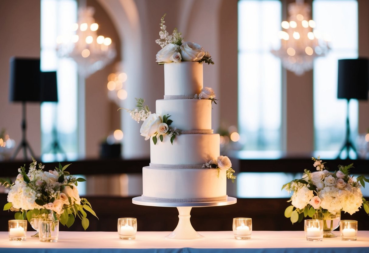 A modern wedding cake display with elegant tiered designs and intricate floral decorations