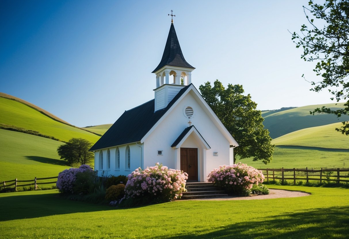 A quaint countryside chapel with blooming flowers and a clear blue sky, surrounded by rolling green hills and a peaceful atmosphere