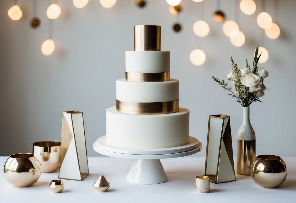 A modern wedding cake surrounded by minimalist decor, showcasing geometric shapes and metallic accents