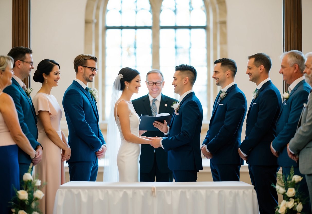 A couple stands before a registrar, surrounded by witnesses, exchanging vows in a simple, elegant ceremony