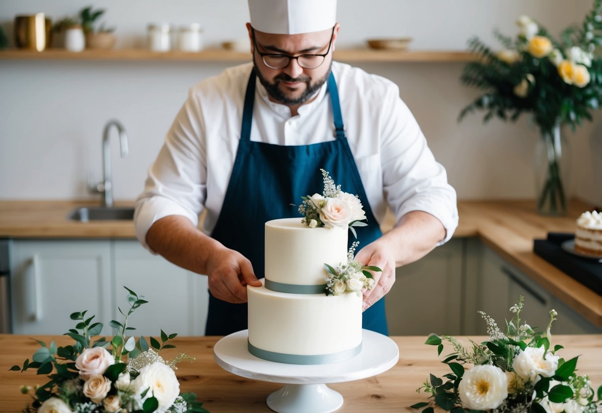 A baker carefully crafts a modern, minimalist wedding cake, adorned with elegant floral decorations and personalized details