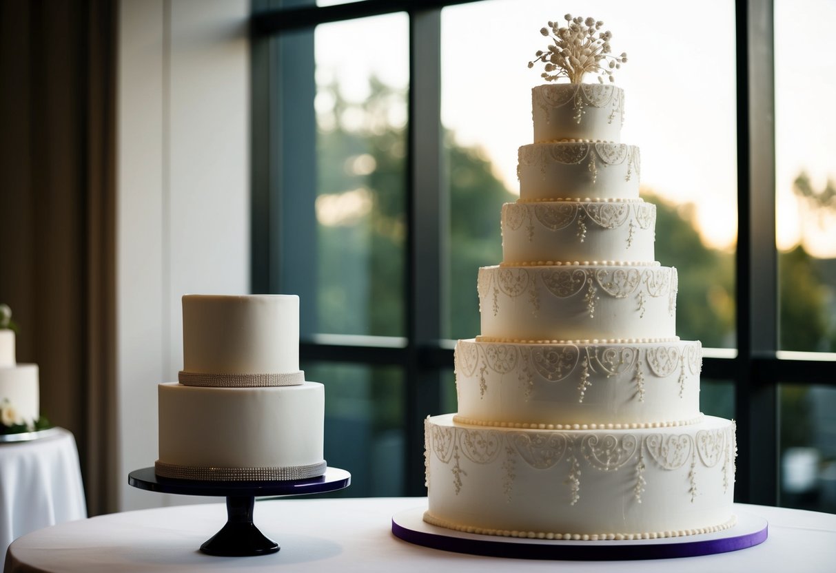 A towering, elaborate wedding cake sits next to a smaller, minimalist cake on a table. The contrast in size and style reflects the trend towards smaller, more modern wedding cakes