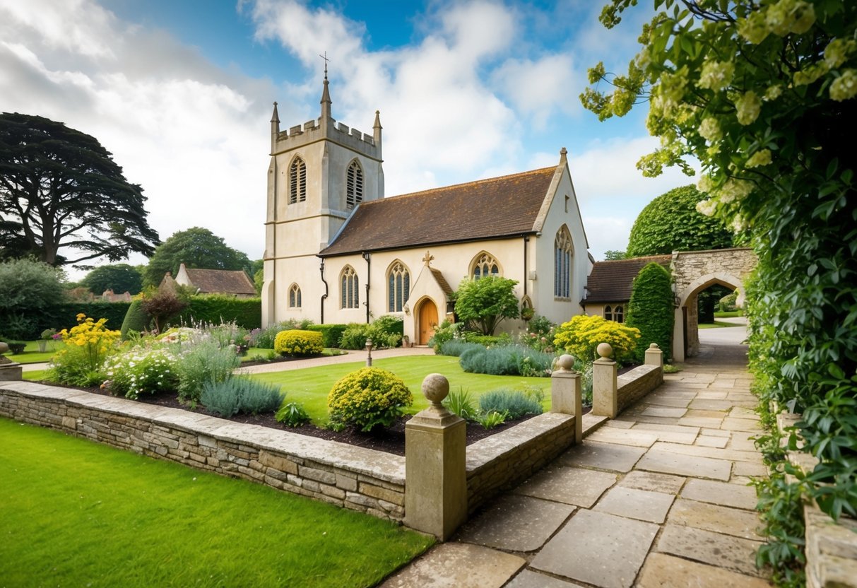 A quaint English countryside church with a picturesque garden and a charming stone pathway leading to the entrance