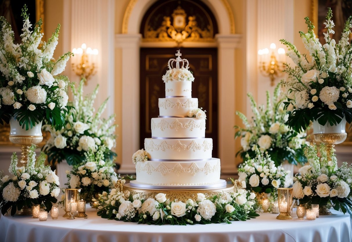A lavish wedding cake surrounded by opulent decorations and expensive floral arrangements, symbolizing the historical and monetary value of Prince William's wedding