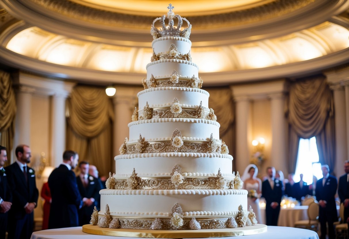 A grand, multi-tiered wedding cake adorned with intricate details and opulent decorations, symbolizing the legacy and celebratory traditions of Prince William's marriage