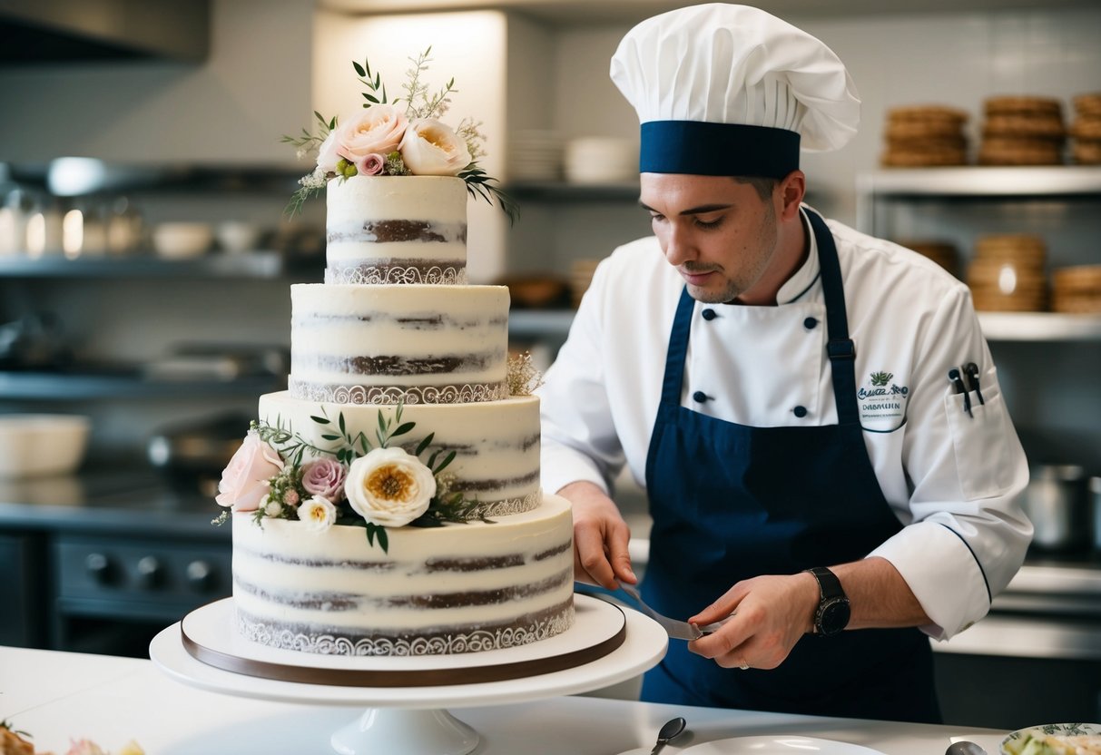 A pastry chef carefully crafts a multi-tiered wedding cake adorned with intricate floral designs and delicate details