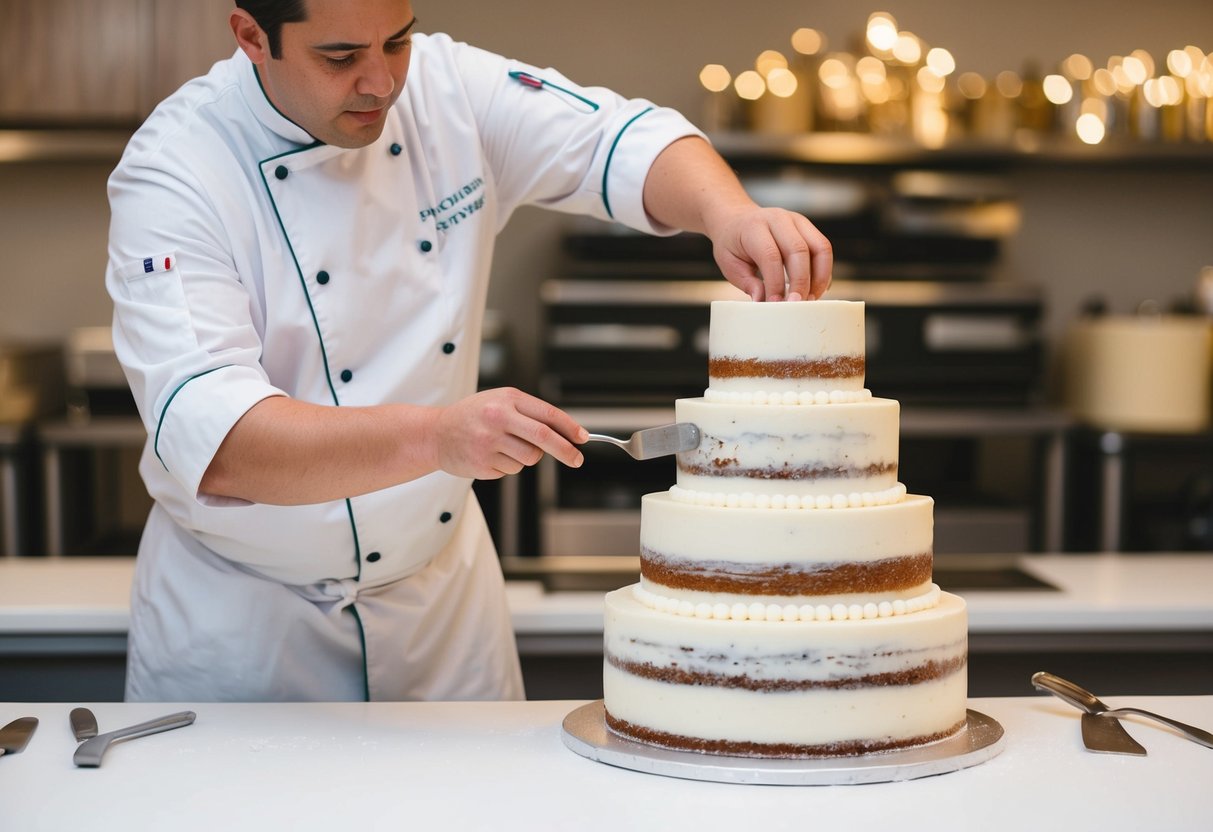 A pastry chef carefully layers and decorates a multi-tiered wedding cake
