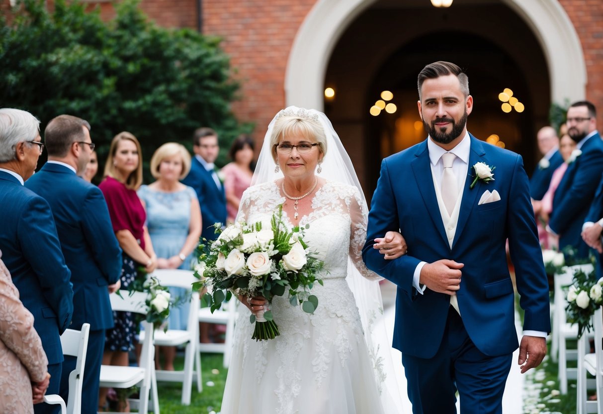 The groom escorts the mother of the bride down the aisle