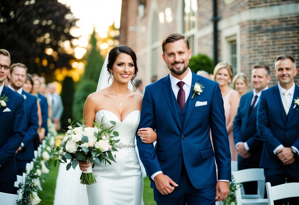 The groom stands beside the bride, offering support and companionship as they walk down the aisle together