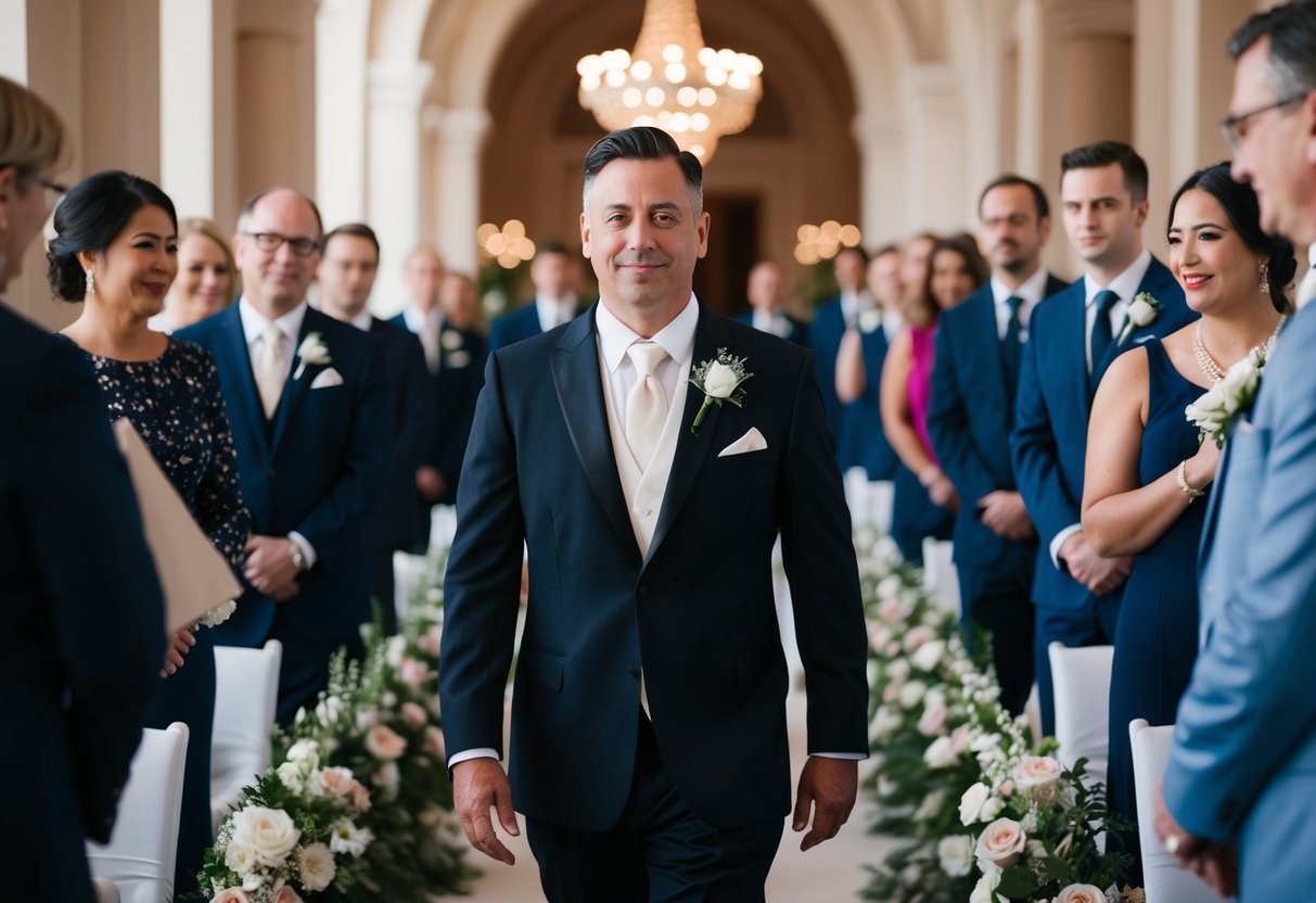 A figure in formal attire walks down the aisle, surrounded by flowers and decorative elements