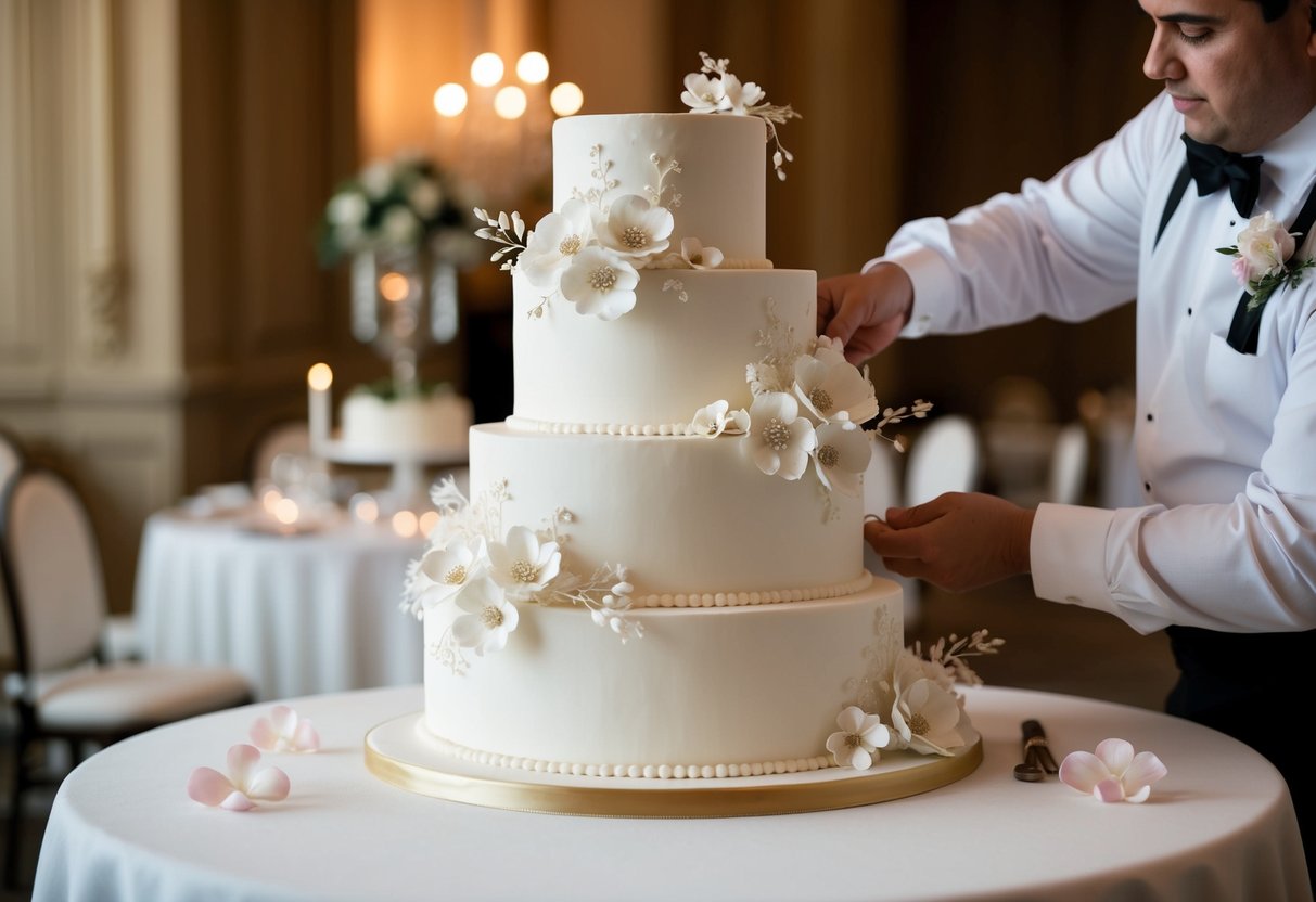 A grand wedding cake being carefully decorated with intricate details and delicate sugar flowers
