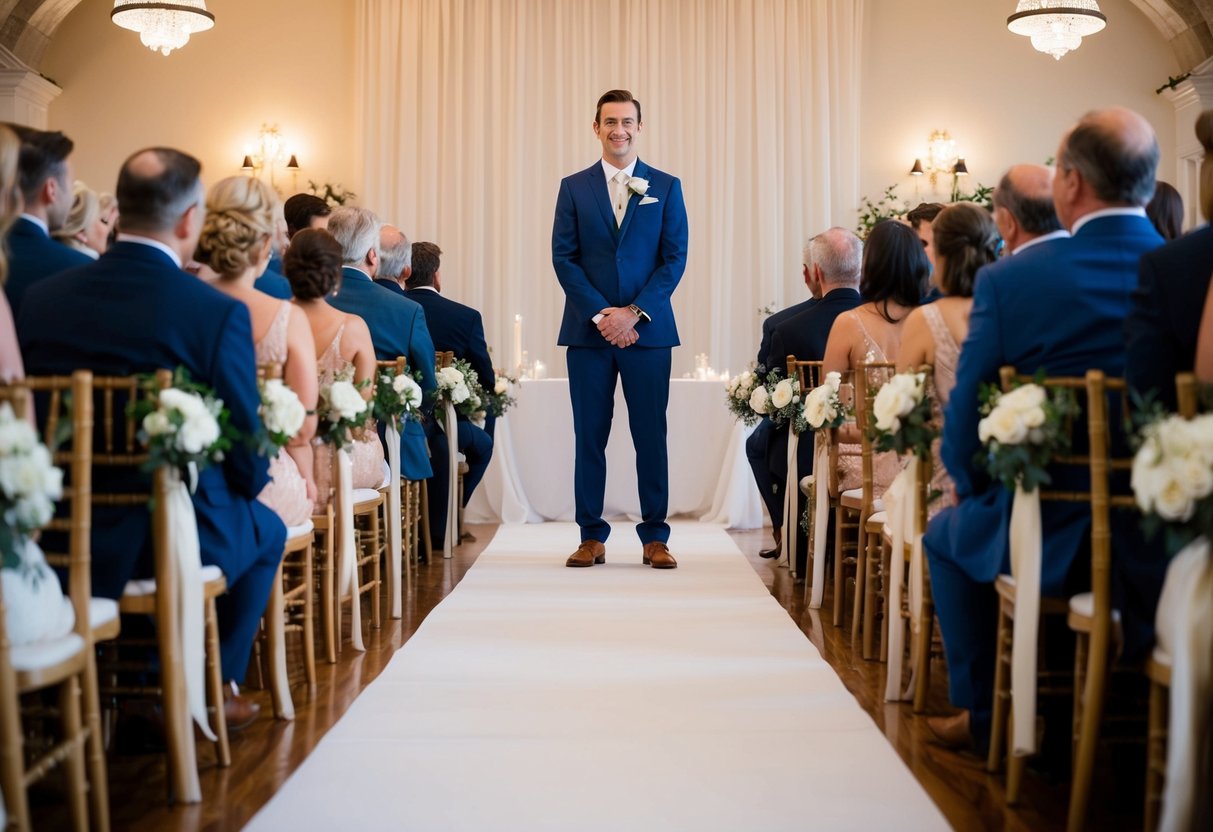 A man stands at the end of a long aisle, waiting for the bride