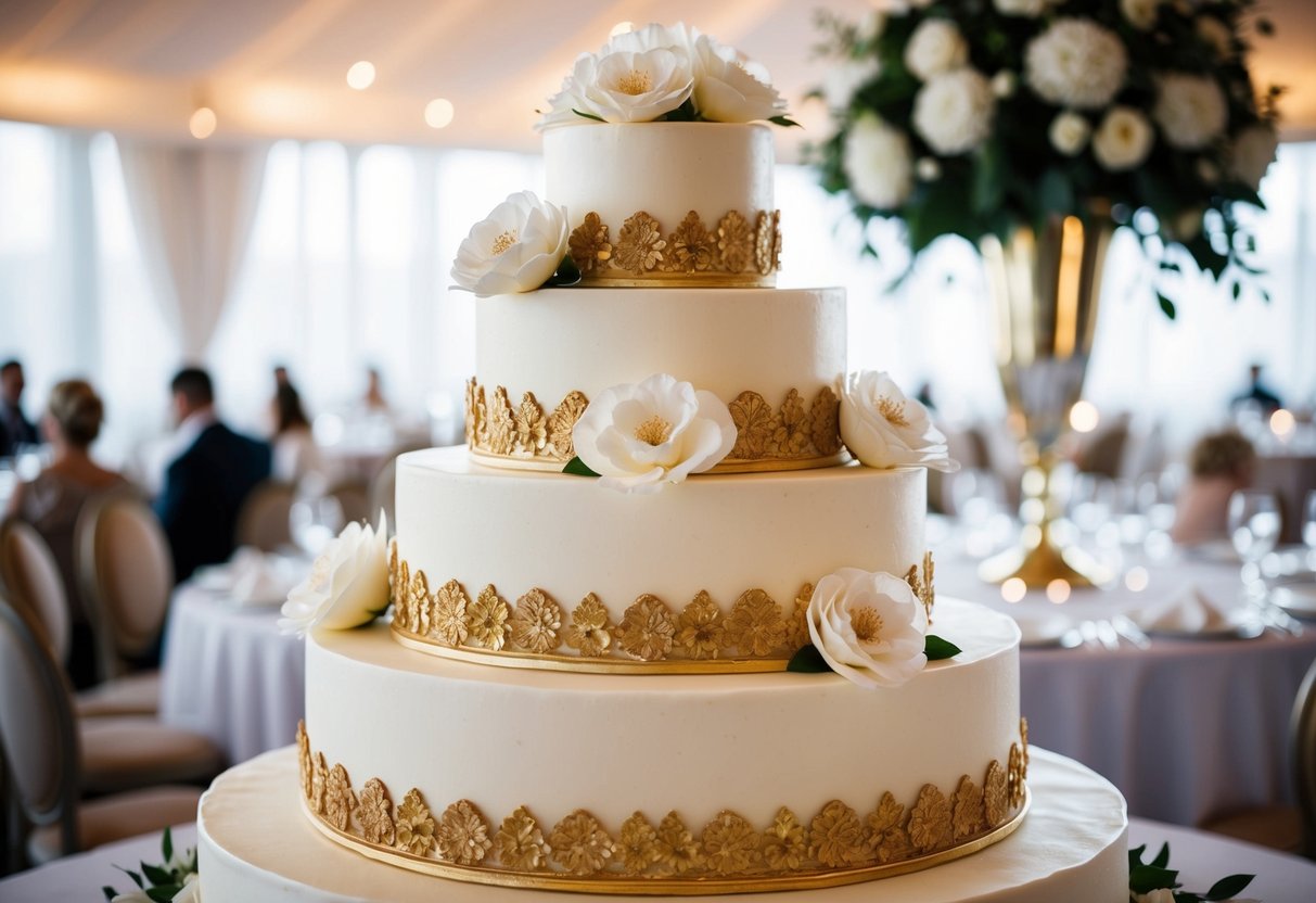 A grand 8-tiered wedding cake adorned with intricate sugar flowers and gold detailing, fit for a royal celebration
